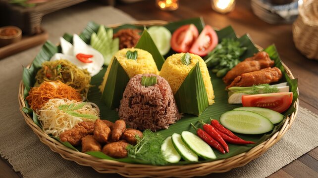 Festive Nasi Campur Platter with Multiple Rice Types and Sides