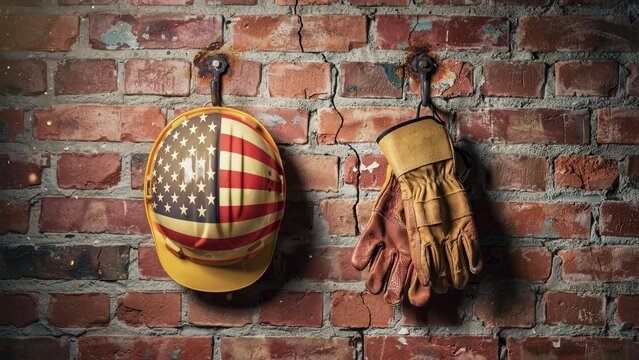 Hard hat with american flag and work gloves hanging on brick wall