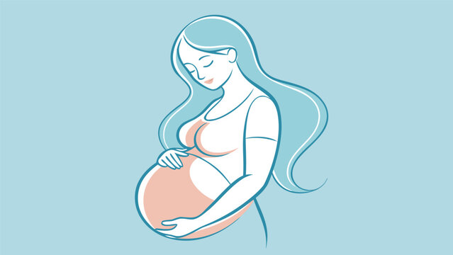 Pregnant woman with gentle smile cradling her belly during peaceful moment with soft blue background