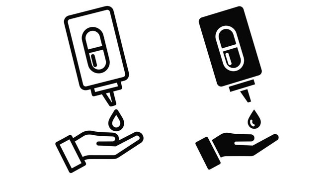 Eye drop bottle applying liquid medication to human hand icon set for medical healthcare pharmacy treatment and patient care services
