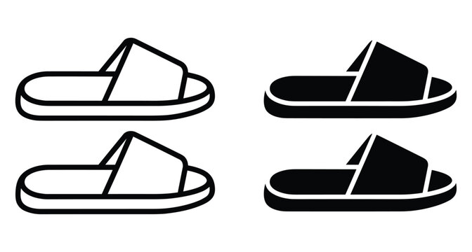 Flip flop icons set featuring outline and solid black slide sandals for summer vacation beach travel spa and casual footwear