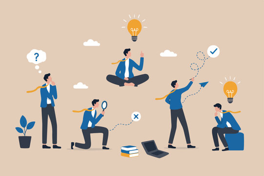Think different to create unique idea, try another solution to solve business problem, creativity to develop and discover new thing, businessman try different pose to think with idea light bulb