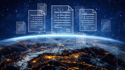Obraz premium Abstract representation of digital terms and conditions over a glowing Earth with network connections illustrating the concept of digital agreements and global communication Gluon.