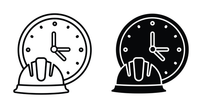 Construction work time icon set featuring safety hard hat and clock symbol for industrial project management scheduling and labor hours tracking