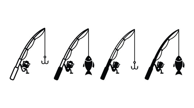 Minimalist black vector illustration showing four unique fishing rod icons with various hooks and fish