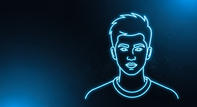 Stylized digital portrait of a young man with glowing blue neon line art, neutral expression, set against a dark cosmic background.