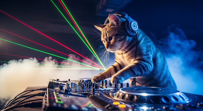 Dj performing with colorful laser lights on stage - A DJ mixing music under vibrant laser lights during a live performance on stage, creating an energetic atmosphere.