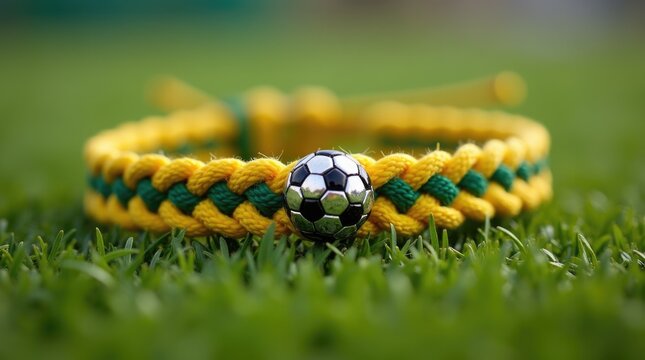 Yellow green braided bracelet on grass, football player lucky charm, personal match accessory