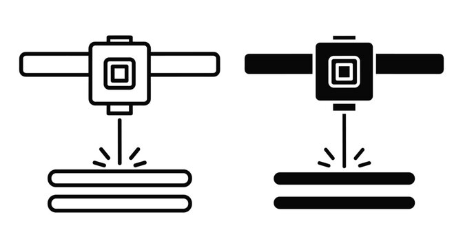 3D printer nozzle icon set showing additive manufacturing process with laser beam and layered material for industrial engineering and technology
