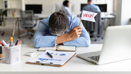 Fototapeta premium Accountant Stressed Amidst Stacks Of Documents, Waving