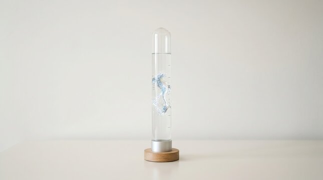 A glass storm glass weather predictor with blue swirling liquid on a wooden base sits on a white surface against a plain white wall.