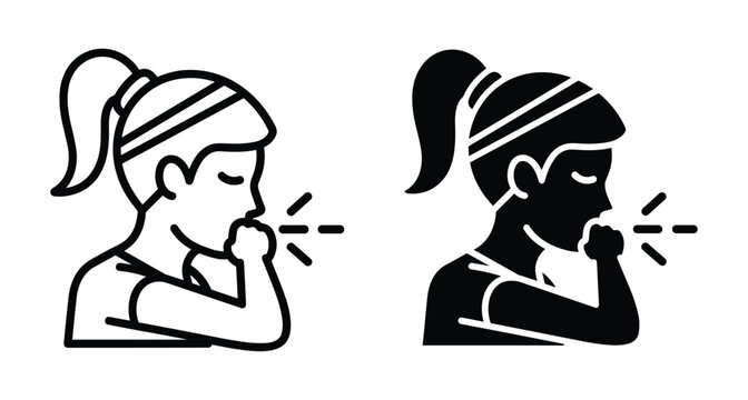Person coughing into elbow icon set showing proper respiratory etiquette for flu prevention and public health safety in outline and solid styles