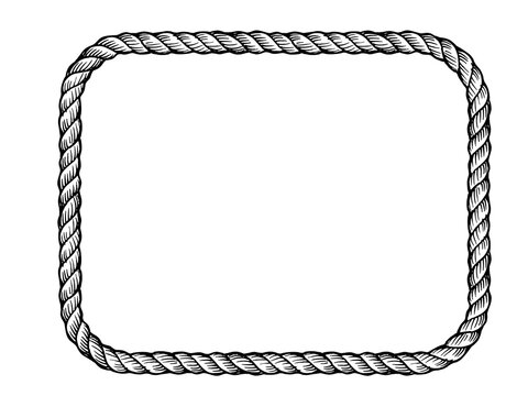 Hand-drawn rectangular rope frame illustration with rounded corners, nautical themed border in black and white sketch style