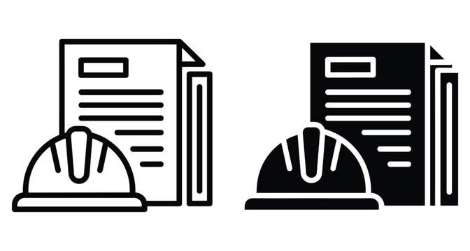 Construction safety document icon set featuring hard hat and paper for engineering reports building permits and industrial project management