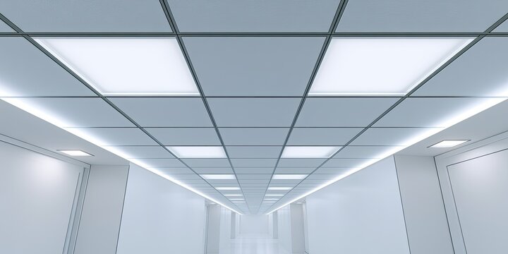 Sterile, brightly lit white corridor with a receding grid ceiling and flush lighting