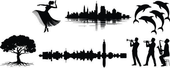 Silhouette Collection Featuring Dancing Woman City Skylines Dolphins Tree and Jazz Musicians Vector Set © MDSHOHANUR