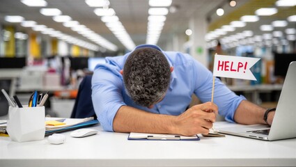 Obraz premium Accountant Stressed Amidst Stacks Of Documents, Waving