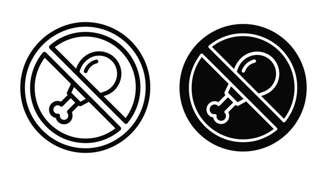 No chicken drumstick icon set with prohibition sign for vegetarian diet food restriction warning symbol and meat free label design