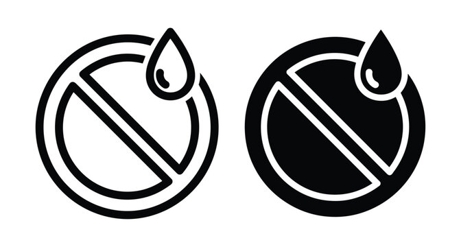 Waterproof and water resistant icons showing prohibition sign with liquid drop for moisture protection dry surface and hydrophobic material properties