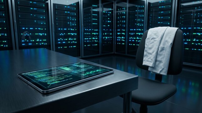 Digital tablet with coding on desk in high tech server room.