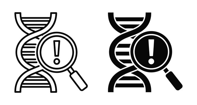 DNA helix icon set with magnifying glass and exclamation mark representing genetic mutation research medical analysis biotechnology testing and forensic investigation