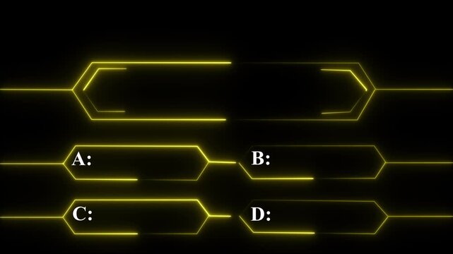 Vibrant glowing neon yellow quiz template, question box and four answer options (A, B, C, D) for trivia, education, and Abstract circuit 4k animation technology black background video