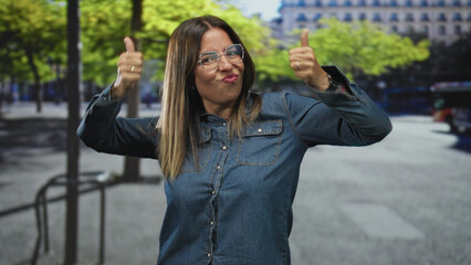 Fototapeta premium Woman showing two thumbs up with visible hands and denim shirt on a street, wearing glasses and a ring, framed by trees and a bus; approval confidence.