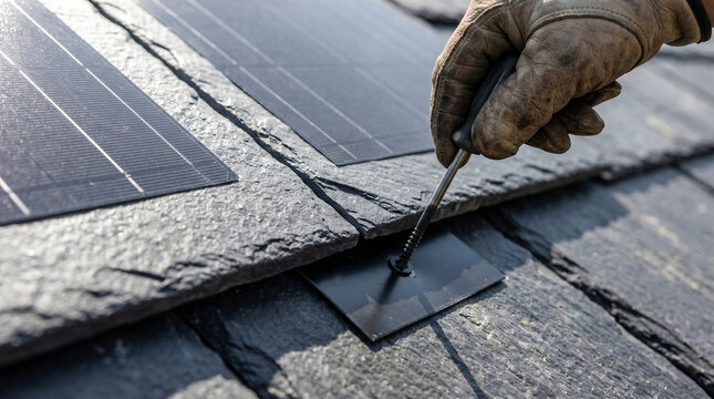 Worker Fastening Solar Roof Mount Into Slate Tile