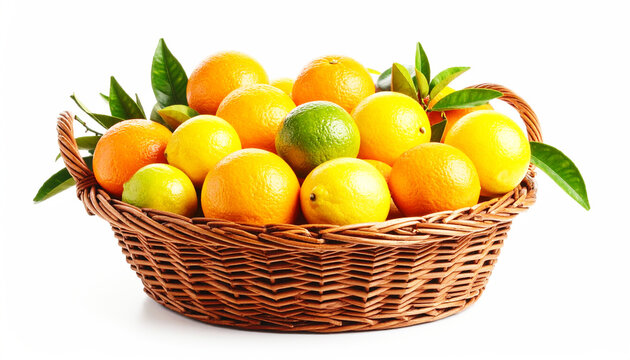 Citrus fruit platter, wicker basket, white background. AI