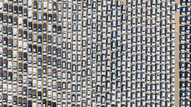 New cars, both white and dark colored, filling a vast outdoor parking lot, awaiting distribution and new owners, representing the automotive industry's logistics and inventory