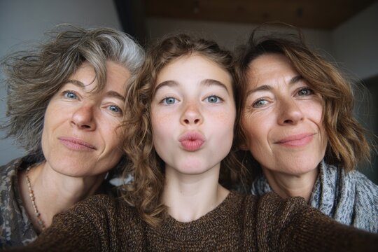 Two mothers and daughter taking a selfie with a kissy face