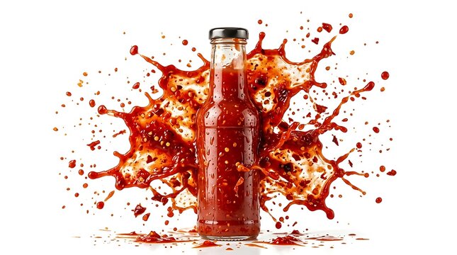 Hot sauce bottle with spicy splatter explosion