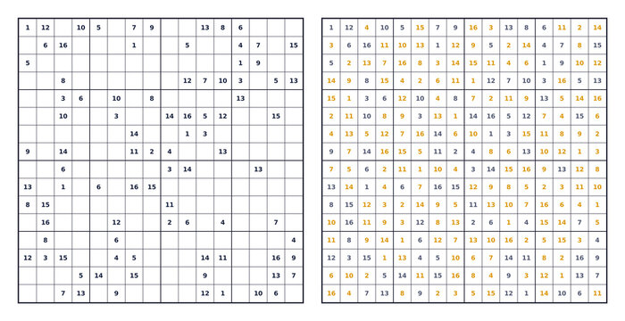 Sudoku Puzzle 16x16 with Orange Highlighted Answers Transparent Background