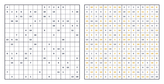 Large Sudoku Puzzle 16x16 with Orange Marked Answers Transparent Grid