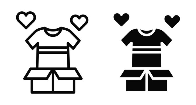 Clothing donation icon set featuring t shirt in open cardboard box with hearts representing charity support and second hand fashion delivery