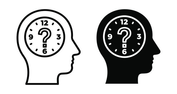 Human head silhouette with clock and question mark icon representing time management confusion memory loss dementia and psychological thinking process