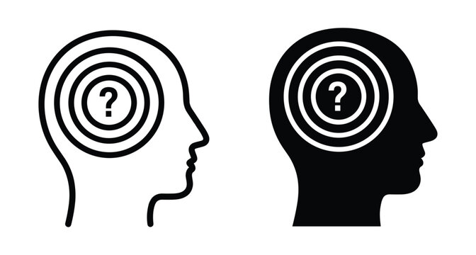 Human head profile silhouette with question mark and target symbol representing psychology mental health confusion problem solving and cognitive thinking