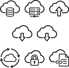 Obraz premium Cloud computing icon set, data storage symbols, server network vector, download and upload cloud signs, digital database illustration, sync technology icons, cyber security cloud, information technolo