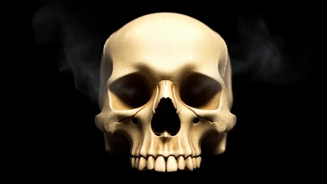 Skull with eerie smoke emission against dark background