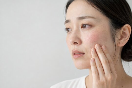肌の赤みを鏡の前で確認する女性の横顔