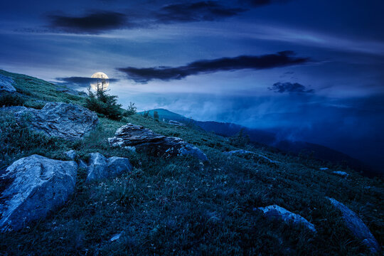 green landscape of mountain in summer at night. mysterious view of rock among grass on the hillside. full moon over travel background under a dark sky. mountain scenery with rolling hills