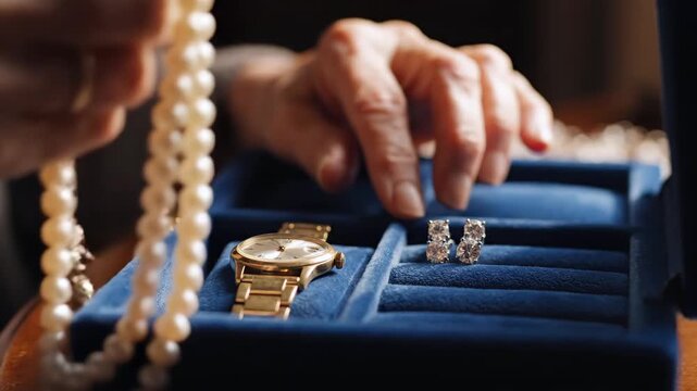 Elderly caucasian woman arranging heirloom jewelry in blue velvet box, picking gold watch, pearl necklace and diamond rings with careful wrinkled hands warm ambient light casts soft glow,
