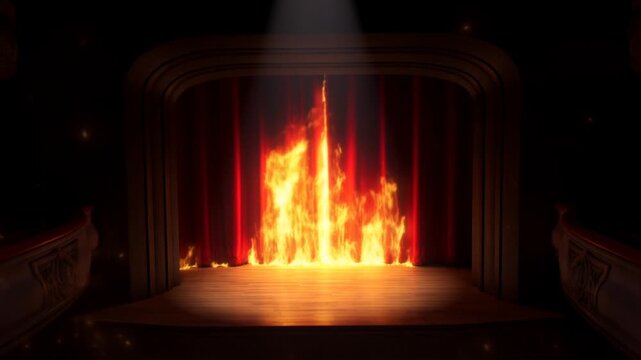 Static shot of stage curtain catching fire and burning on wooden theater stage under overhead spotlight with rising flames and glowing embers