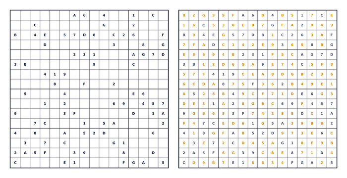 Letter Number Sudoku Puzzle 16x16 with Orange Solution Transparent Layout