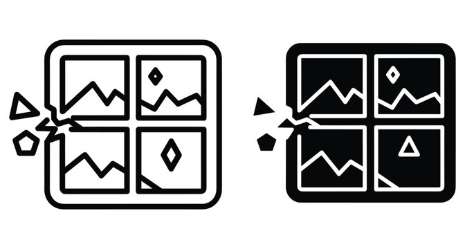 Broken window icon set with cracked glass shards representing corrupt image files error message digital gallery damage and interface failure