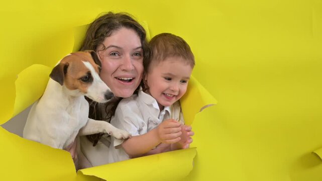 Caucasian little boy, his mother and Jack Russell Terrier dog tearing yellow paper background. 