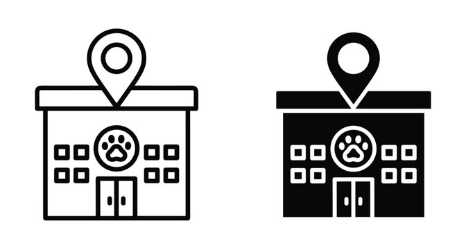 Pet shop location icon set featuring veterinary clinic building with paw print logo and map pin pointer for animal care services