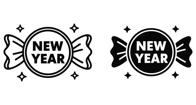 New Year candy icon set with sweet wrapper shape circle frame and sparkles for holiday celebration party decoration graphic design