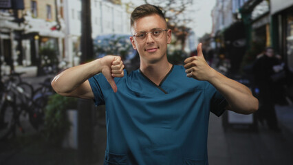 Fototapeta premium Doctor man wearing blue scrubs and glasses shows thumbs up with right hand and thumbs down with left on a street; ambivalence.