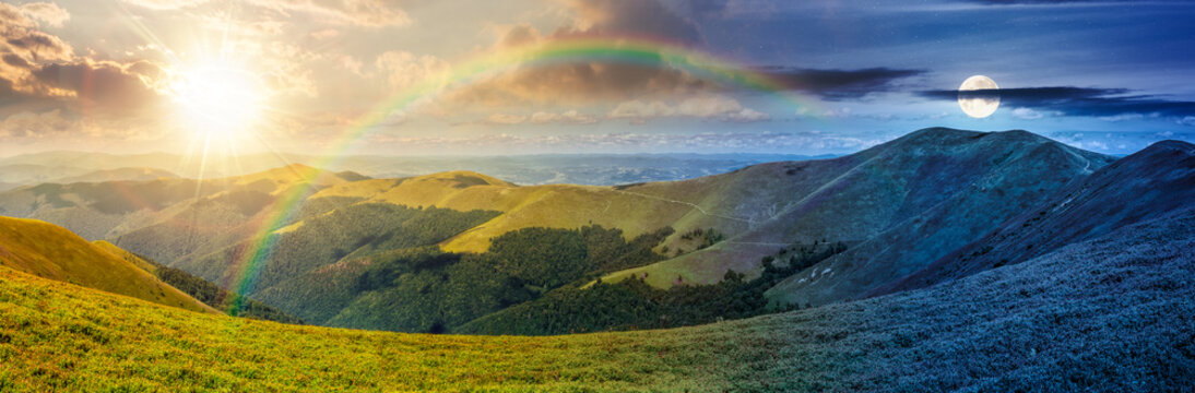 panorama of mountainous landscape. day meet night. wide view of cloudy sky with sun and moon in harmony over the grassy slope of a mountain ridge. epic summer solstice. adventure tourism in highland